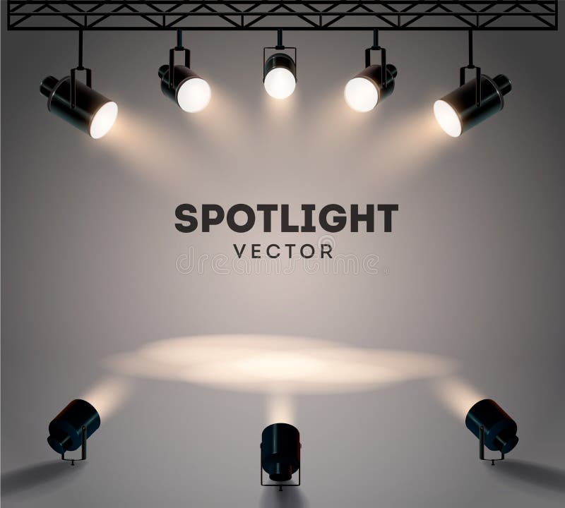 Schijnwerpers met heldere witte lichte het glanzen stadium vectorreeks Verlichte effect vormprojector, illustratie van