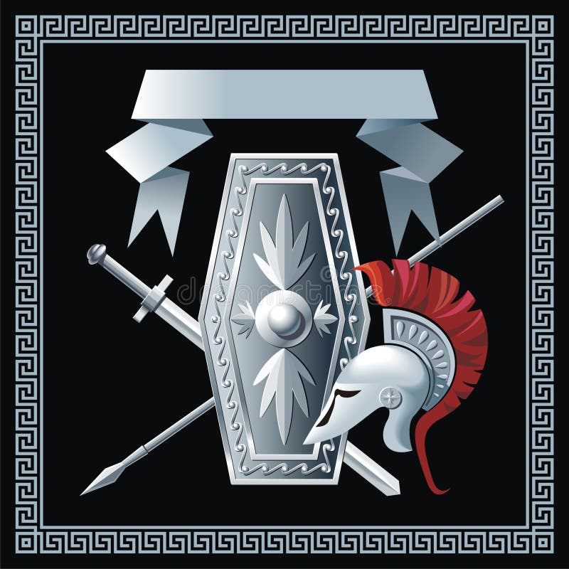 Schild, zwaard, helm en spear