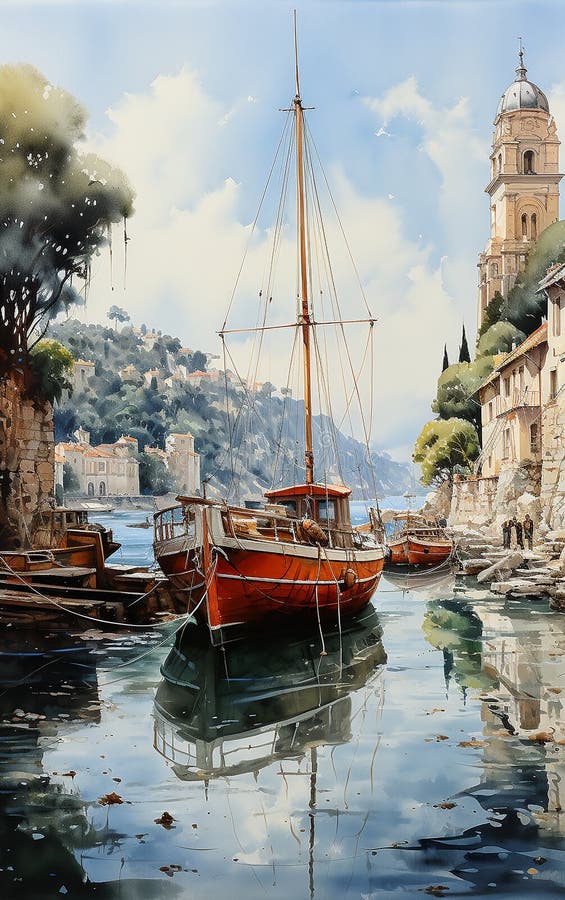 painting of a canal in Italy, with boats and church,landscape painting. AI generated. painting of a canal in Italy, with boats and church,landscape painting. AI generated