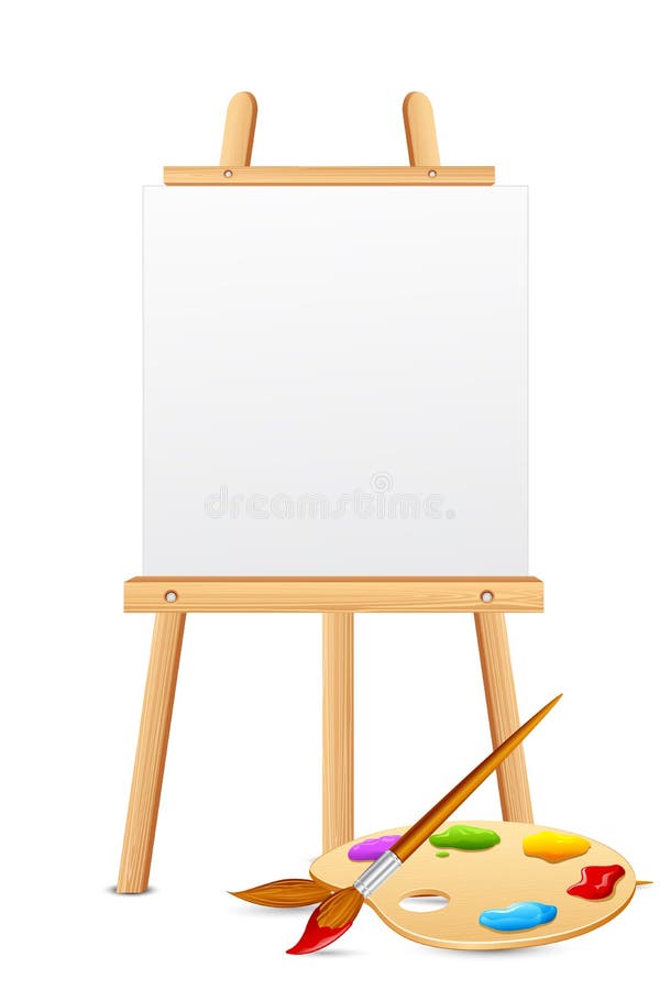 Illustration of easel with color brush and palette. Illustration of easel with color brush and palette