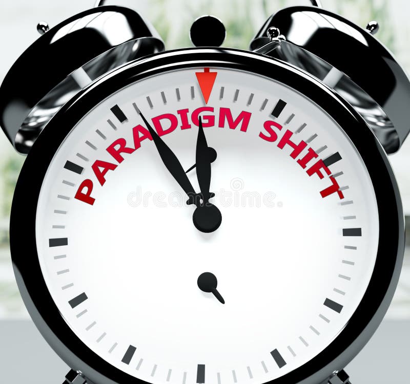 Schimbarea paradigmei în curând aproape acolo, în scurt timp, un ceas simbolizează un memento că schimbarea paradigmei este aproap stock illustration