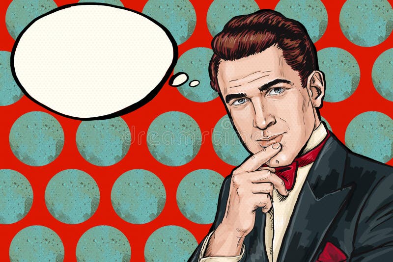 Schiocco di pensiero d'annata Art Man con la bolla di pensiero Invito del partito Uomo dai fumetti dandy Club del signore pensi, illustrazione di stock Schiocco di pensiero d'annata Art Man con la bolla di pensiero Invito del partito Uomo dai fumetti dandy Club del signore pensi, illustrazione di stock