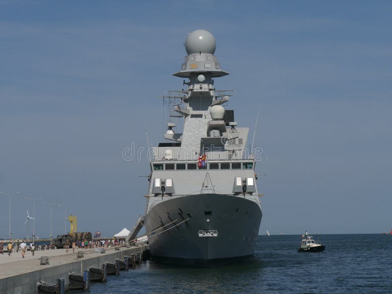 Destroyer ship Andrea Doria of the Italian Navy moored in the port of Ravennan. Destroyer ship Andrea Doria of the Italian Navy moored in the port of Ravennan