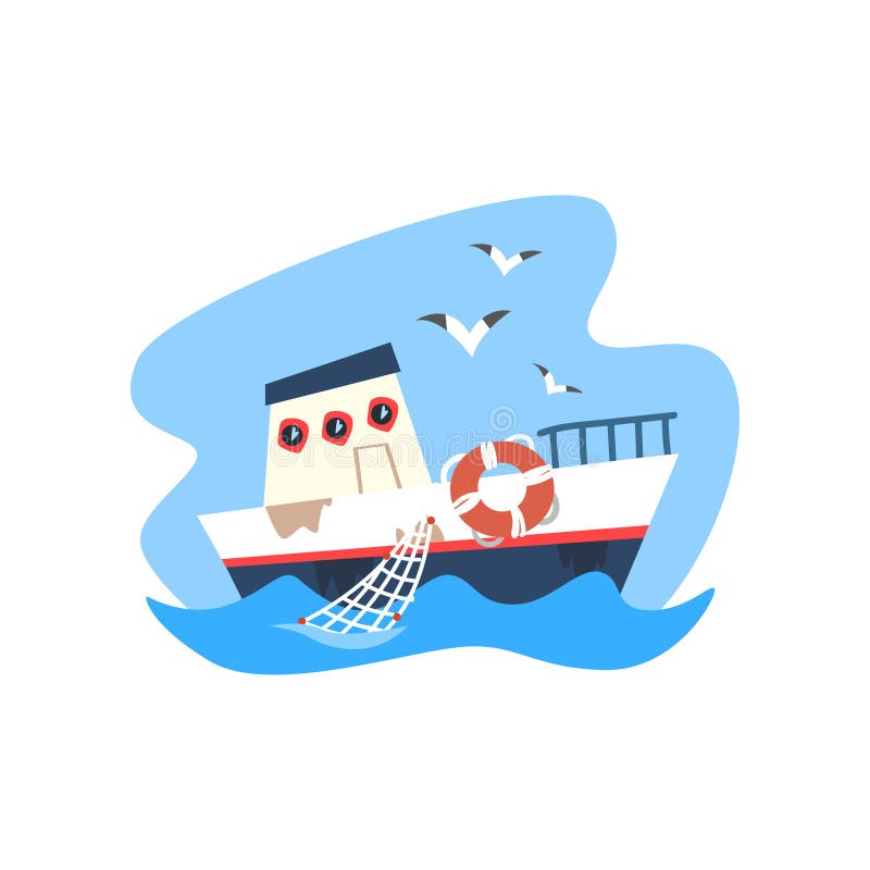 Schip, vissersvaartuig, zeevruchtenproductie, de vectorillustratie van de vissenindustrie op een witte achtergrond stock illustratie Schip, vissersvaartuig, zeevruchtenproductie, de vectorillustratie van de vissenindustrie op een witte achtergrond stock illustratie