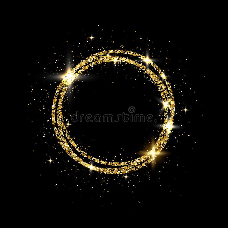 Schitter gouden cirkelkader met ruimte voor tekst Fonkelend gouden kader op zwarte achtergrond Helder schitterend sterstof