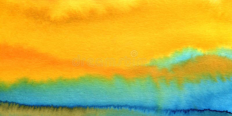 Schitterende kleurige waterkleurstructuur heldere achtergrond, geel, oranje, blauwe kleur, modern aquarelle abstract schilderij