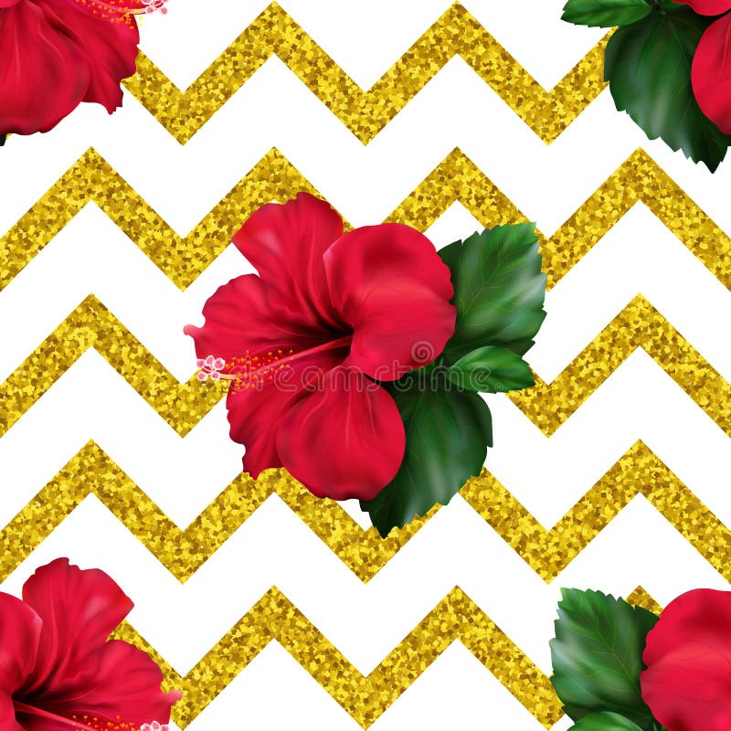 Schittert de hibiscus karkade tropische exotische bloem de geometrische achtergrond van het zigzag naadloze patroon royalty-vrije illustratie Schittert de hibiscus karkade tropische exotische bloem de geometrische achtergrond van het zigzag naadloze patroon royalty-vrije illustratie