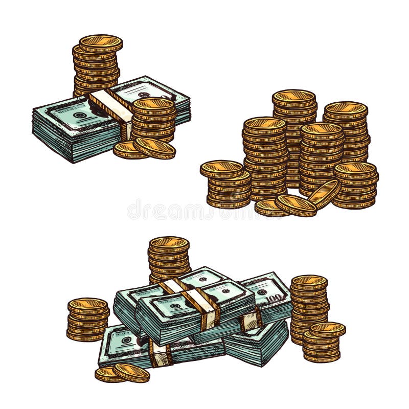 Schizzo dei soldi con la pila di valuta di carta e di moneta illustrazione vettoriale Schizzo dei soldi con la pila di valuta di carta e di moneta illustrazione vettoriale