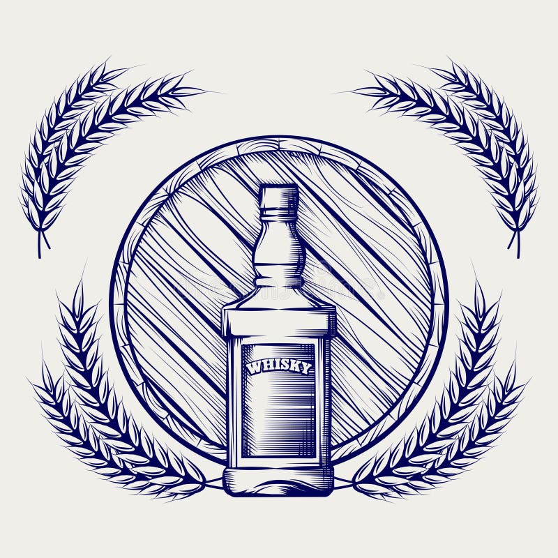 Schizzo del barilotto e del grano della bottiglia di whiskey illustrazione vettoriale Schizzo del barilotto e del grano della bottiglia di whiskey illustrazione vettoriale