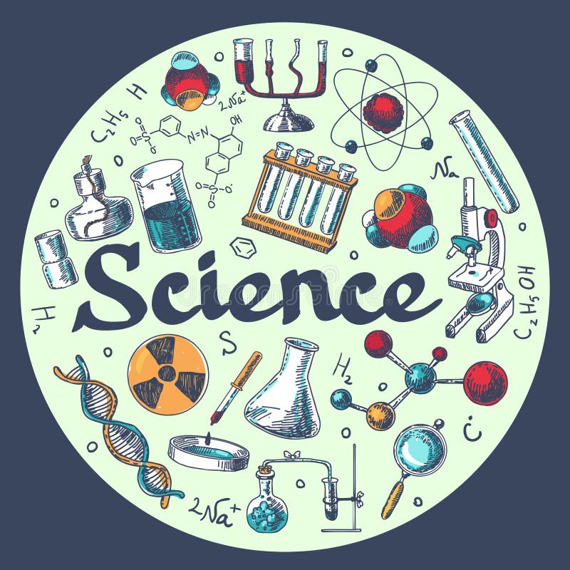 Schizzo del modello dell'emblema di ricerca in chimica illustrazione vettoriale