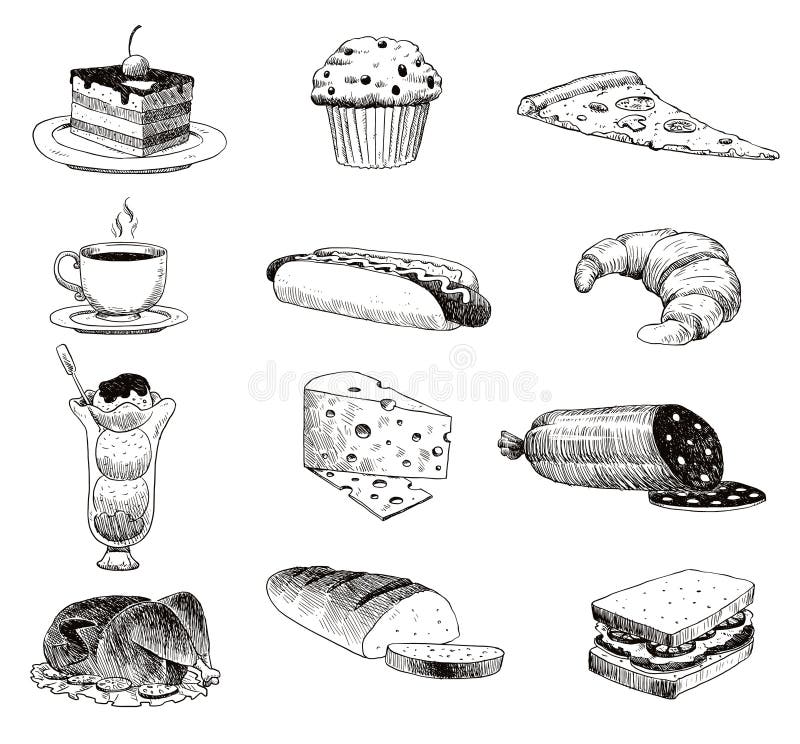 Schizzo dell'alimento di vettore e scarabocchio disegnati a mano della cucina Lo schizzo disegnato a mano e la cucina dell'alimen royalty illustrazione gratis