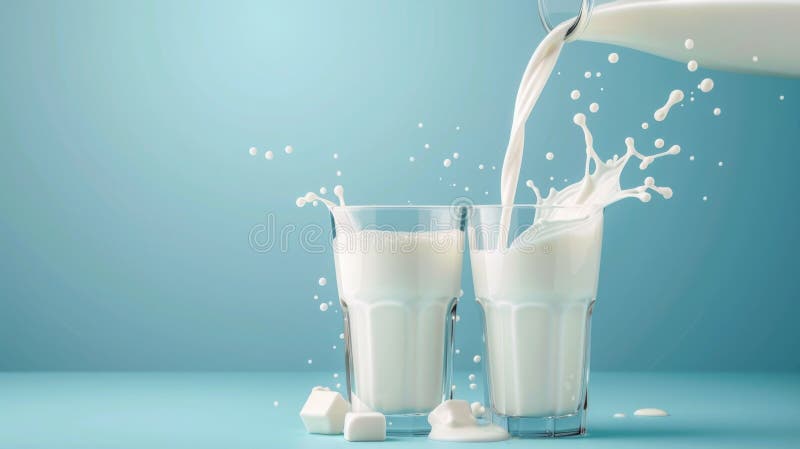 Schizzo di latte fresco in vetro su fondo blu. giornata mondiale del latte illustrazione di stock