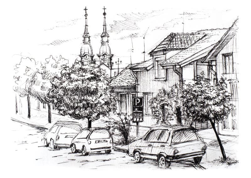 Schizzo di paesaggio urbano in Serbia Via della città con le case, la chiesa, le automobili e gli alberi privati