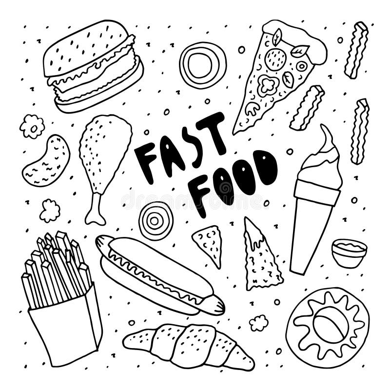 Schizzo di scarabocchio degli alimenti a rapida preparazione Disegno monocromatico a mano libera Il croissant della ciambella del illustrazione vettoriale Schizzo di scarabocchio degli alimenti a rapida preparazione Disegno monocromatico a mano libera Il croissant della ciambella del illustrazione vettoriale