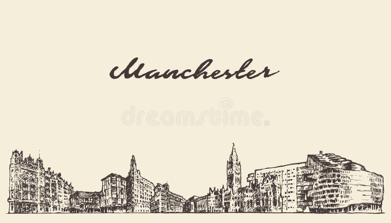 Schizzo di tiraggio dell'illustrazione di vettore di Manchester Inghilterra illustrazione di stock Schizzo di tiraggio dell'illustrazione di vettore di Manchester Inghilterra illustrazione di stock