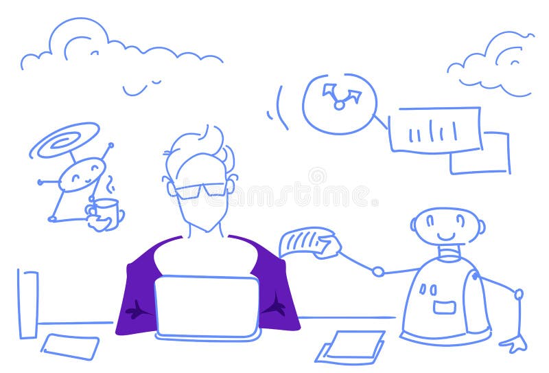 Schizzo moderno di lavoro di orizzontale di concetto di intelligenza artificiale del robot dell'assistente trattato del bot di 'b royalty illustrazione gratis