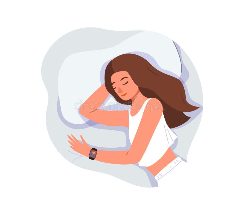 Schlafbedienkonzept-Vektorhintergrund isoliert auf Weiß Junge Frau, die zu Hause auf Bett mit intelligenter Uhr auf ihr schläft.