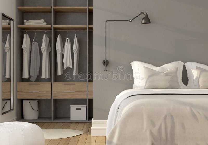 Graues Schlafzimmer Und Gelber Dekor Stockbild - Bild von grau, luxus