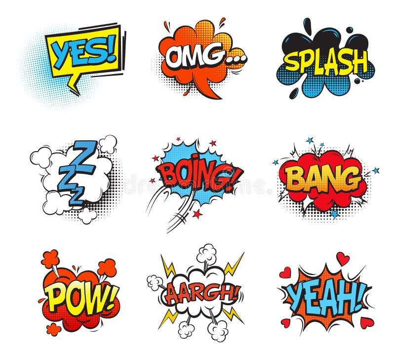 Bubble comic speeches for explanation. Onomatopoeia cartoon sounds explosion bang and fighting punch, smash and aaargh, pow, omg and sleep zzz in cloud. Comic book and expression theme. Bubble comic speeches for explanation. Onomatopoeia cartoon sounds explosion bang and fighting punch, smash and aaargh, pow, omg and sleep zzz in cloud. Comic book and expression theme