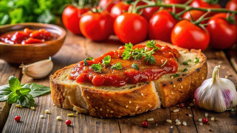 Schlampig Close Up Knoblauchbrett Slice mit Tomatensauce Ein köstlicher Appetizer oder Schnelle Mahlzeit Bereit für Ihren nächsten vektor abbildung