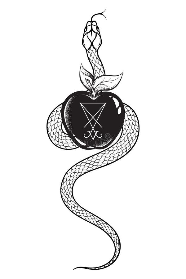 Schlange mit der verbotenen Früchte vom Baum der Erkenntnis mit dem sigil von Lucifer-Linie Kunst und Punktarbeit Schicke Tattoo