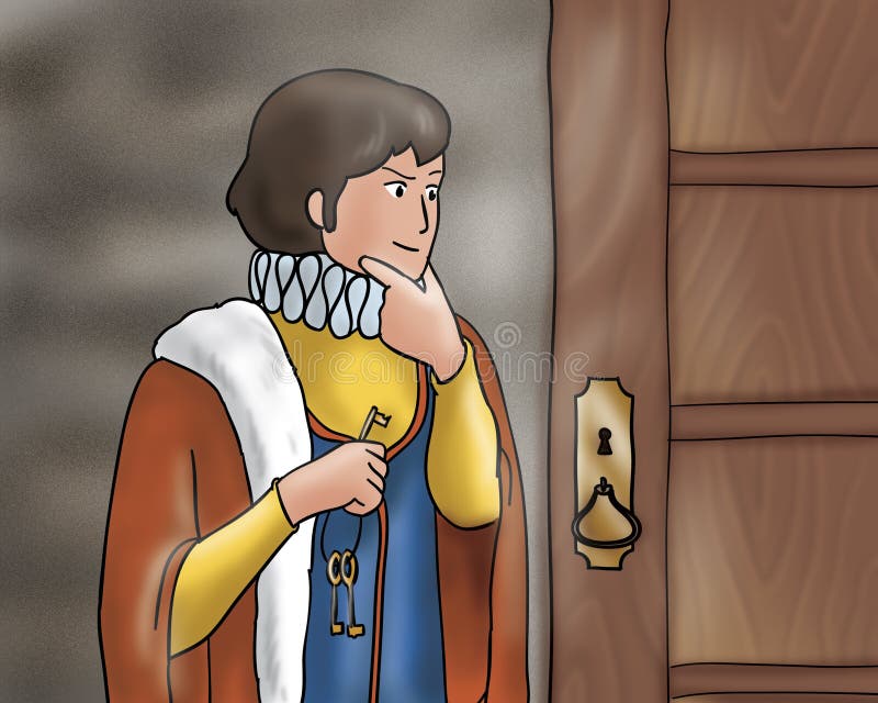 The astute prince holding some keys near an ancient door. Digital illustration for Grimms fairy tale Rumpelstiltskin. The astute prince holding some keys near an ancient door. Digital illustration for Grimms fairy tale Rumpelstiltskin