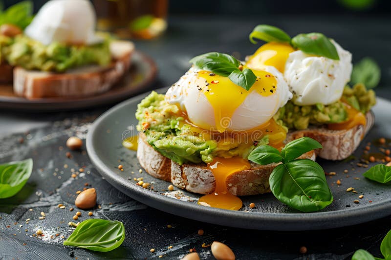 Schleicheier auf Vollweizentoast mit frischem Avocado und Basilikum. Ein wunderschön gedecktes Frühstück mit einem gepochtem Ei auf Vollweizentoast, überzogen mit cremigem Avocado, geschnitten frische Basilikumblätter und ein Sprinkle Salz und Pfeffer für einen nährstoffreichen Start in den Tag. AI generiert