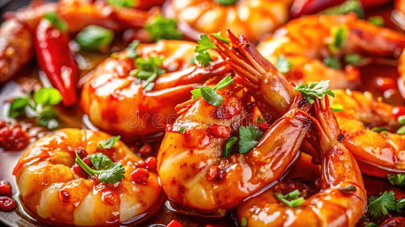 Schleichende Schließung von zartem Chili Knoblauch Glazed Shrimp Ein lebhaftes asiatisches kulinarisches Erlebnis Bereit für Ihren stock abbildung