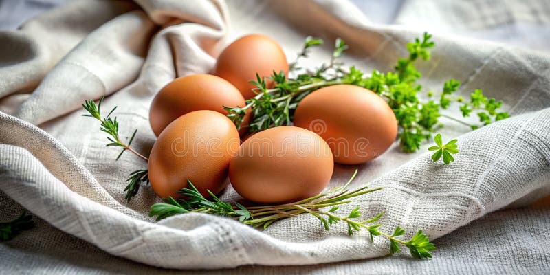 Schlichte Eleganz rustikale hausgemachte Frühstückeier mit Frühlingskräutern auf weißem Leinen ein Stillleben Lebensmittelfotograf stock abbildung