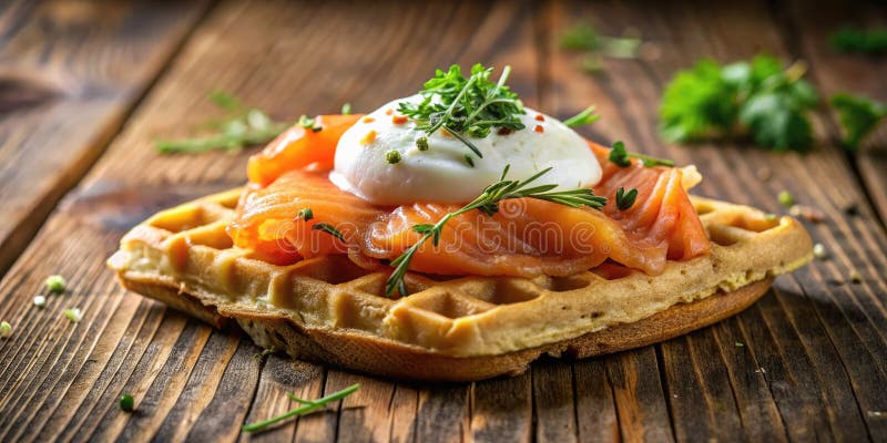Schlichtes, elegantes Frühstück mit flauschigen Waffeln, cremig gepochenen Eiern und leckerem geräuchertem Lachs vektor abbildung
