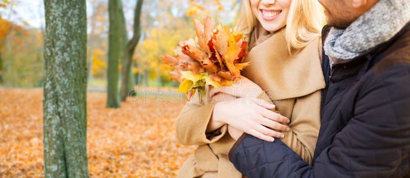 Schlie?en Sie oben von den l?chelnden Paaren, die im Herbstpark umarmen stockfotos Schlie?en Sie oben von den l?chelnden Paaren, die im Herbstpark umarmen stockfotos