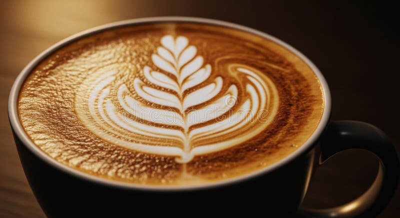 Schließen der Latte Art in einem dunkelgrauen Mug stock abbildung