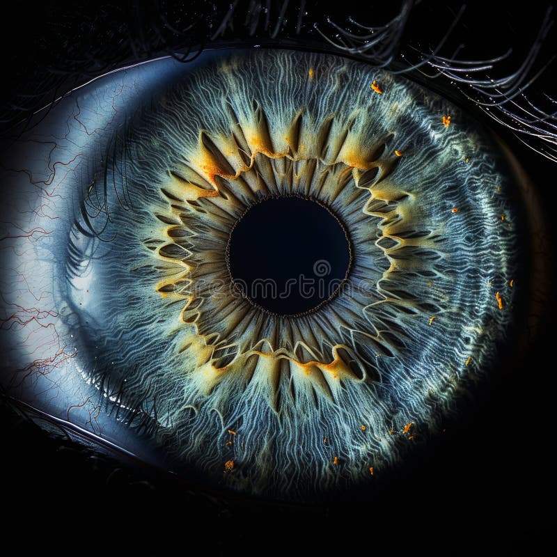 A detailed closeup of a human eye with a striking electric blue iris, set against a dark black background, creating a mesmerizing display of symmetry and artistry AI generated. A detailed closeup of a human eye with a striking electric blue iris, set against a dark black background, creating a mesmerizing display of symmetry and artistry AI generated