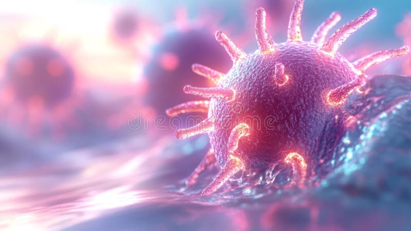 Schließen eines blühenden Virus mit Spikes in einer mikroskopischen Ansicht lizenzfreie abbildung
