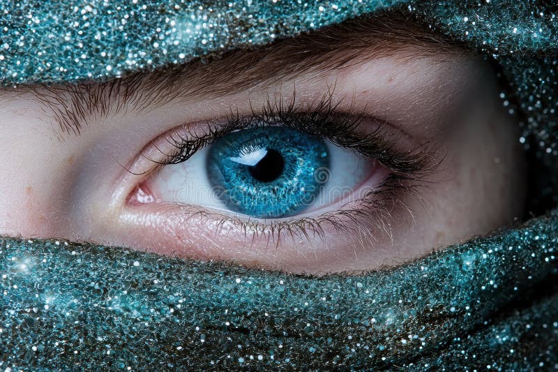 Schließen eines faszinierenden blauen Auges, umgeben von glitzernden Kristallen vektor abbildung