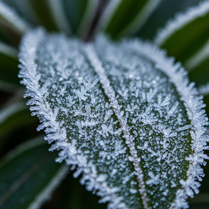Schließen eines grünen Blattes, bedeckt mit komplizierten Frostmustern. Der Frost bildet zart vektor abbildung