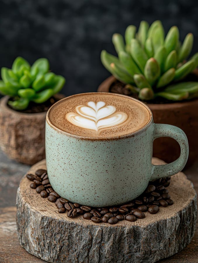 Schließen eines Lattes mit Latte Art in einem rustikalen Schlamm umgeben von Kaffeebohnen und Sukkulturen lizenzfreie abbildung