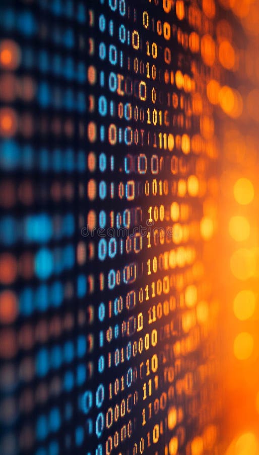 Schließen Sie Binärkode auf digitalem Bildschirm mit orangefarbenem und blauem Farbverlauf und Buch-Effekt. Generative AI.