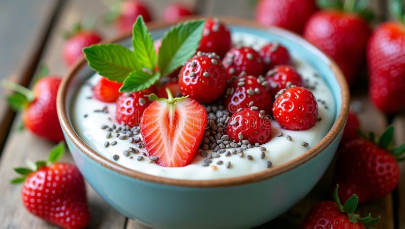 Schließen Sie eine Schüssel Jogurt mit Erdbeerkereisamen und Minze auf einem Holztisch. stock abbildung