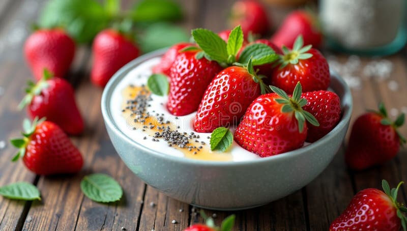 Schließen Sie eine Schüssel Jogurt mit frischen Erdbeeren und Minze auf einem Holztisch. stock abbildung