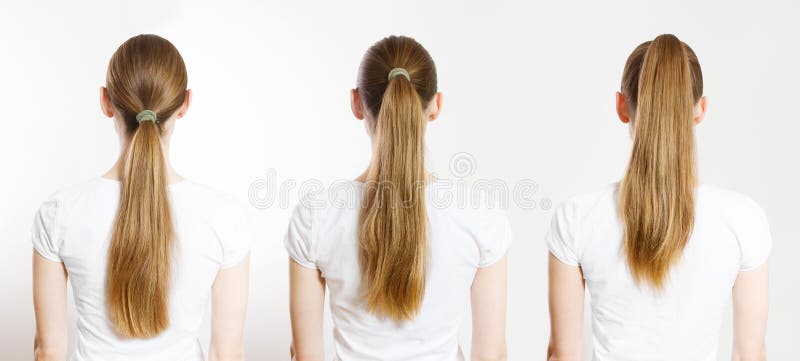 Schließen Sie Frau verschiedene Ponytails hinten Ansicht isolierten weißen Hintergrund. Haar natürliche blonde gerade lange Frisur stockfoto