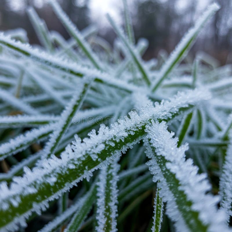 Schließen von frostbedeckten Grasblättern. Die grünen Blätter sind zart stock abbildung