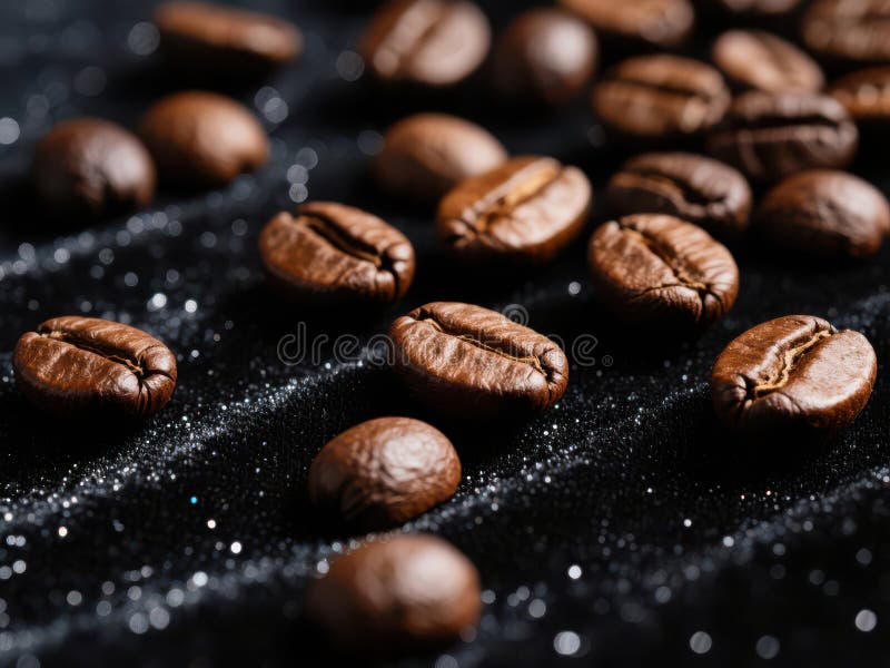 Schließen von gerösteten Kaffeebohnen auf schimmerndem schwarzem Samtuntergrund stock abbildung