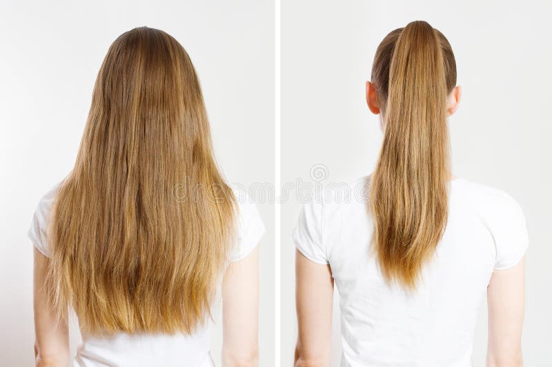 Schließen vor dem lockeren Haarausfall Rückenlehne auf weißem Hintergrund isoliert. schnelle und einfache Frisuren für sauberes, l stockbilder