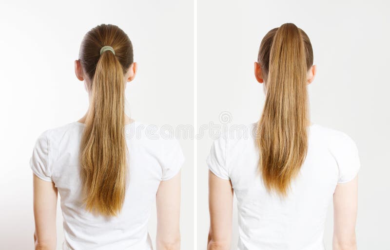 Schließfrau vor Ponytails hinten isolierten weißen Hintergrund. Haar natürliche blonde gerade lange Frisur. schnell stockfotos