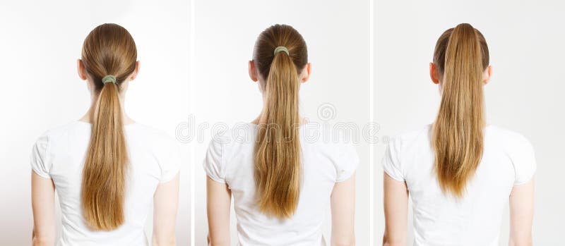 Schließfrau vor Ponytails hinten isolierten weißen Hintergrund. Haar natürliche blonde gerade lange Frisur. schnell stockfotografie