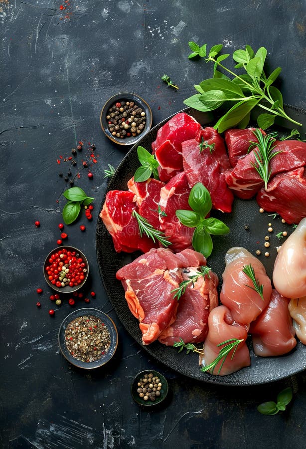 Schließung des Frischfleischsortiments mit Kräuter und Gewürzen auf dunklem Hintergrund. eine Vielfalt an Rindfleisch und Hühnern stockfoto
