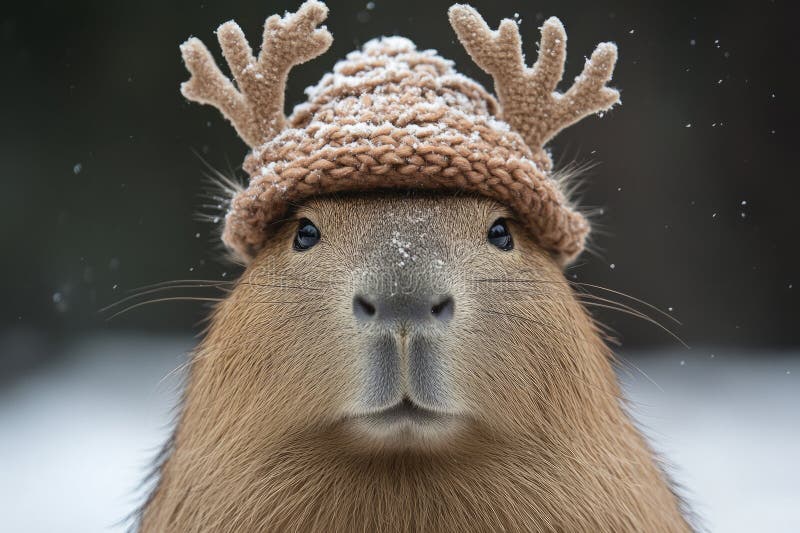 Schließung einer Capybara mit einem Stricktier, das einen schneefreudigen Wintertag genießt
