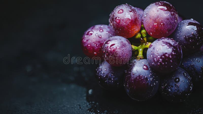 Schließung einer Reihe frischer roter Trauben mit Wassertröpfchen auf dunklem Hintergrund lizenzfreie stockbilder