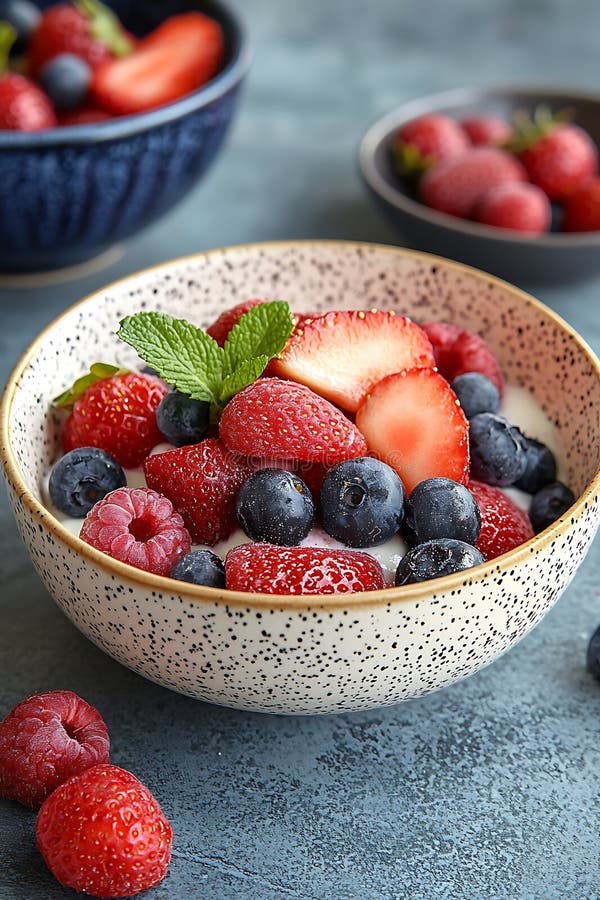 Schließung einer Schüssel Jogurt mit frischen Erdbeeren Heidelbeeren und Himbeeren stock abbildung